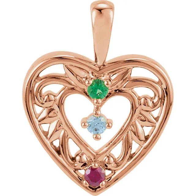 Filigree Heart Mother's Family Birthstone Pendant or Necklace