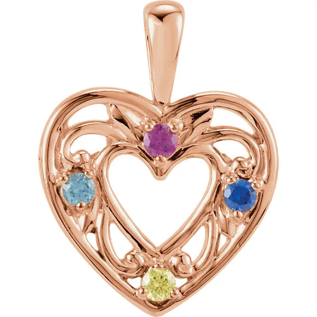 Filigree Heart Mother's Family Birthstone Pendant or Necklace