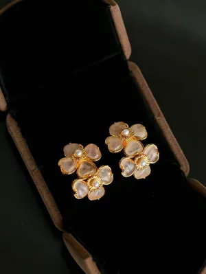 Four-leaf Clover Rose Quartz Double Flower Stud Earrings