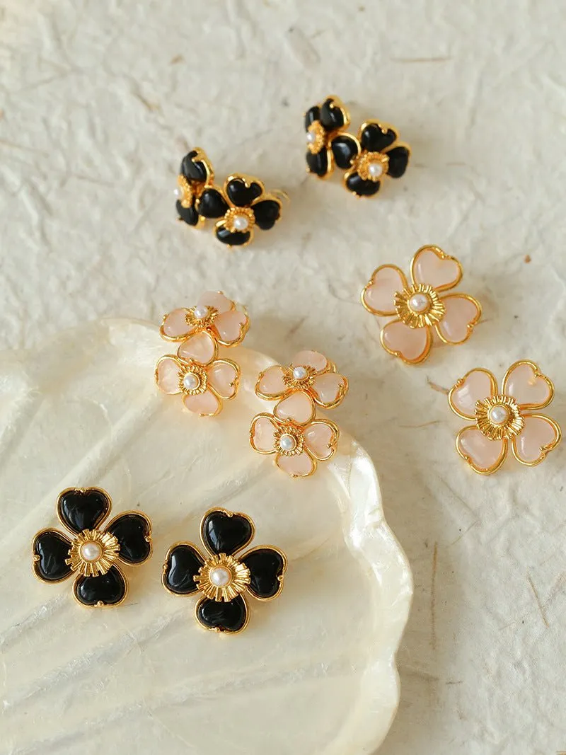 Four-leaf Clover Rose Quartz Double Flower Stud Earrings
