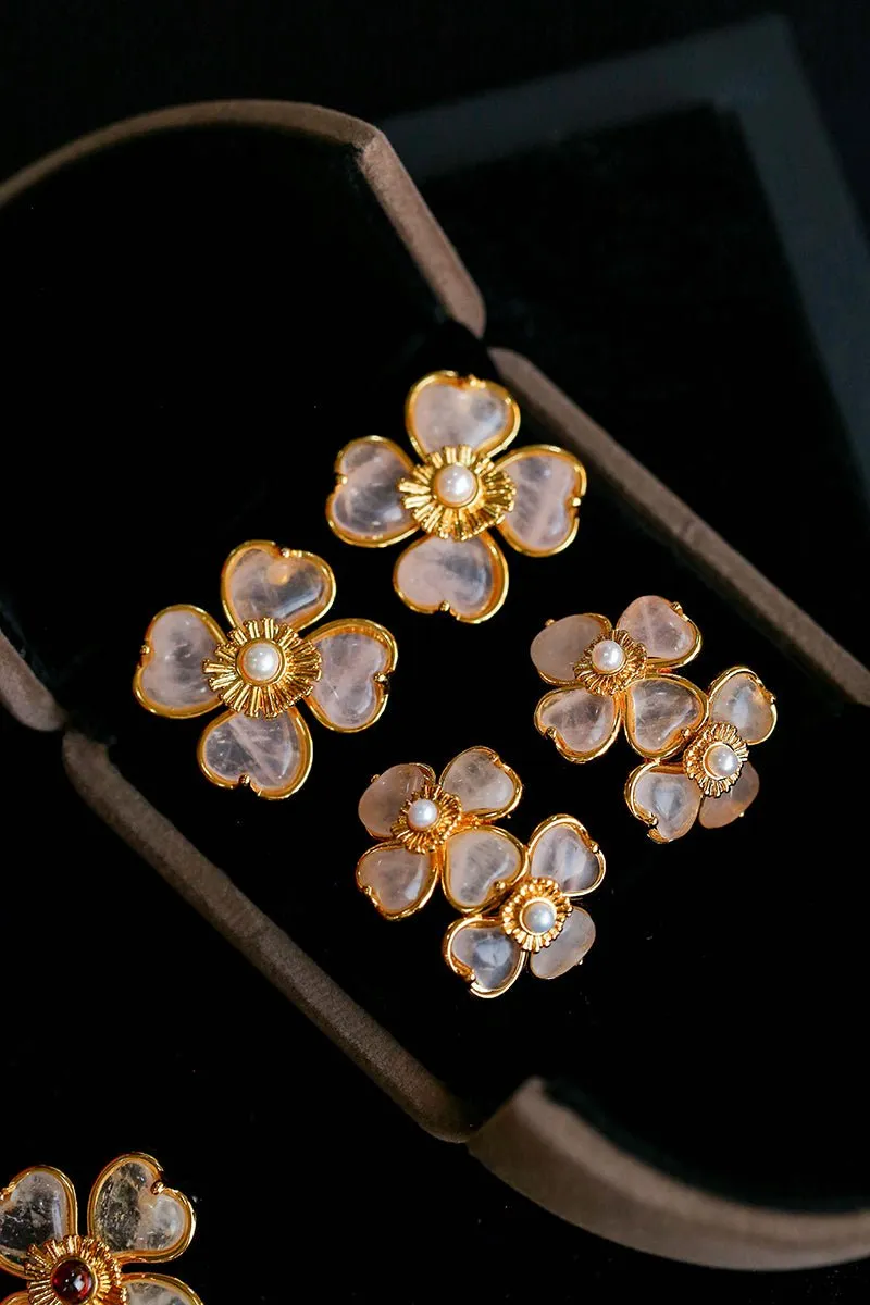 Four-leaf Clover Rose Quartz Double Flower Stud Earrings