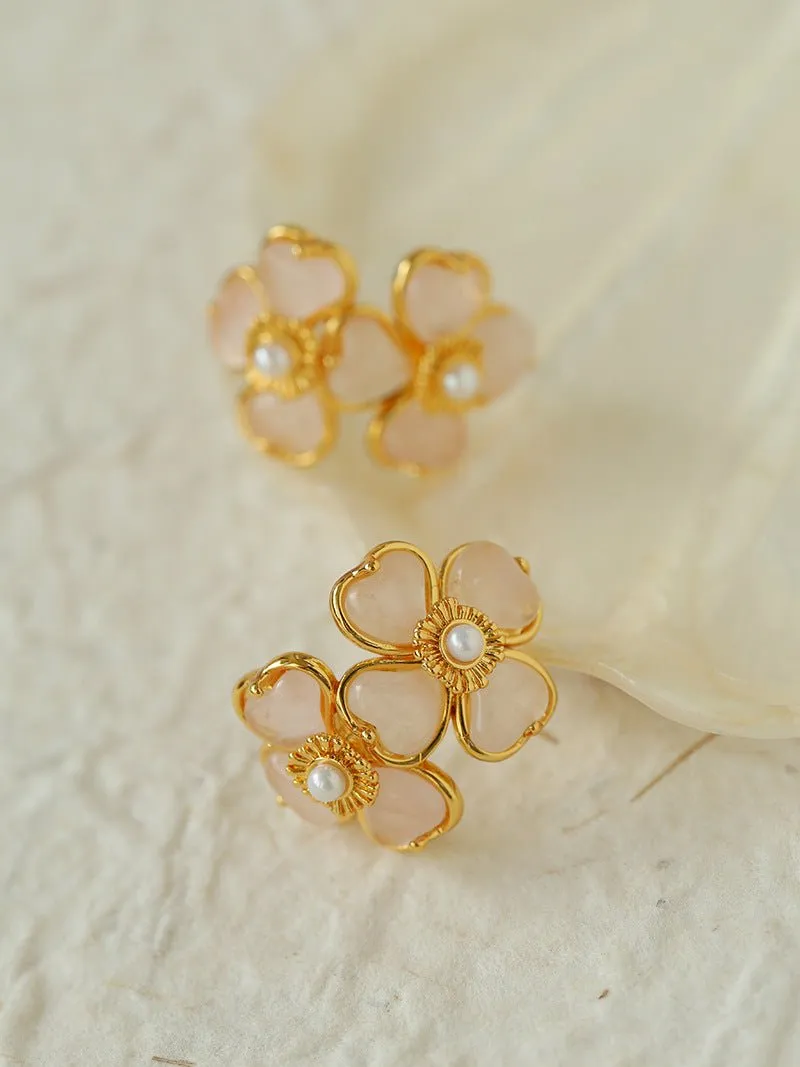 Four-leaf Clover Rose Quartz Double Flower Stud Earrings