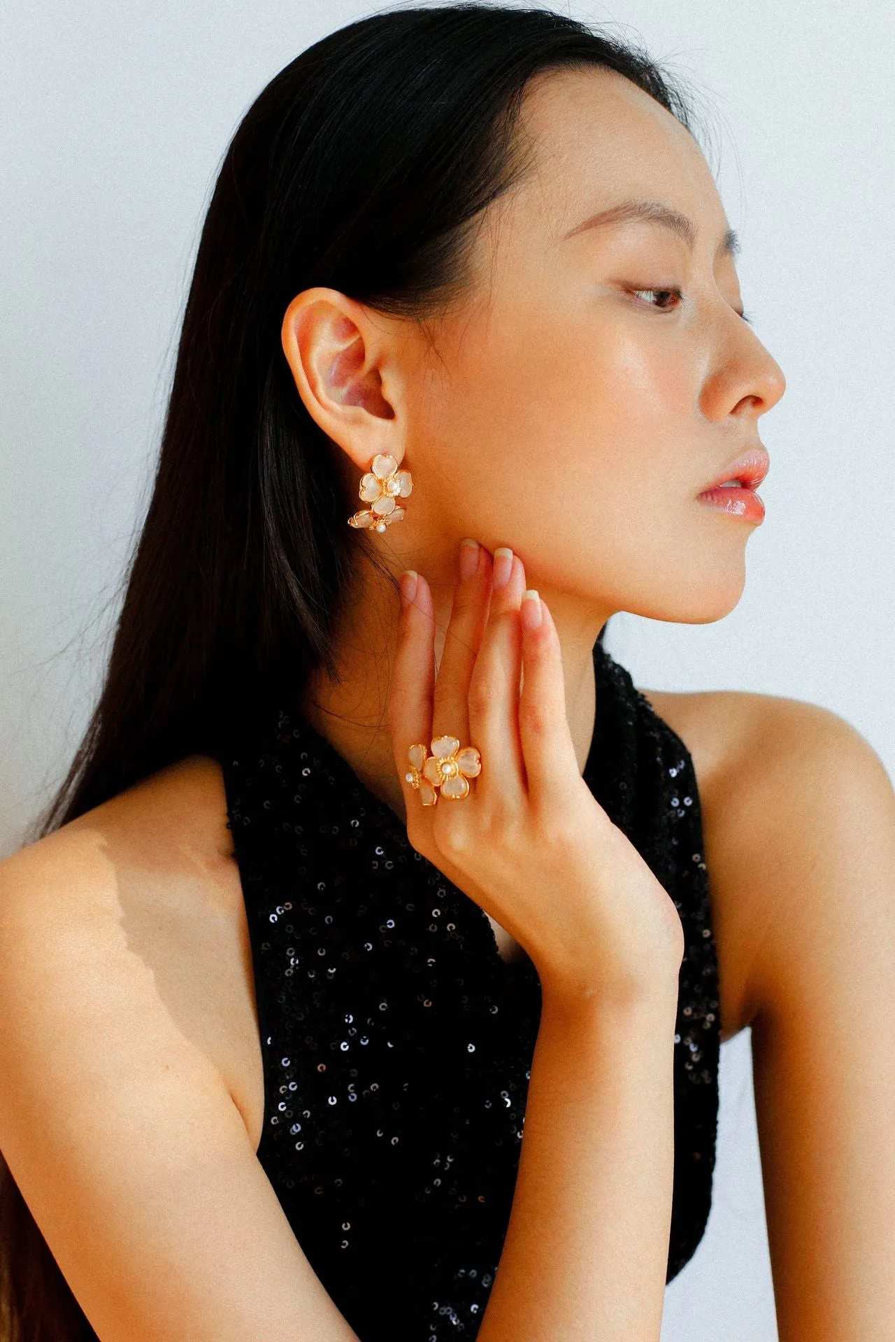 Four-leaf Clover Rose Quartz Double Flower Stud Earrings