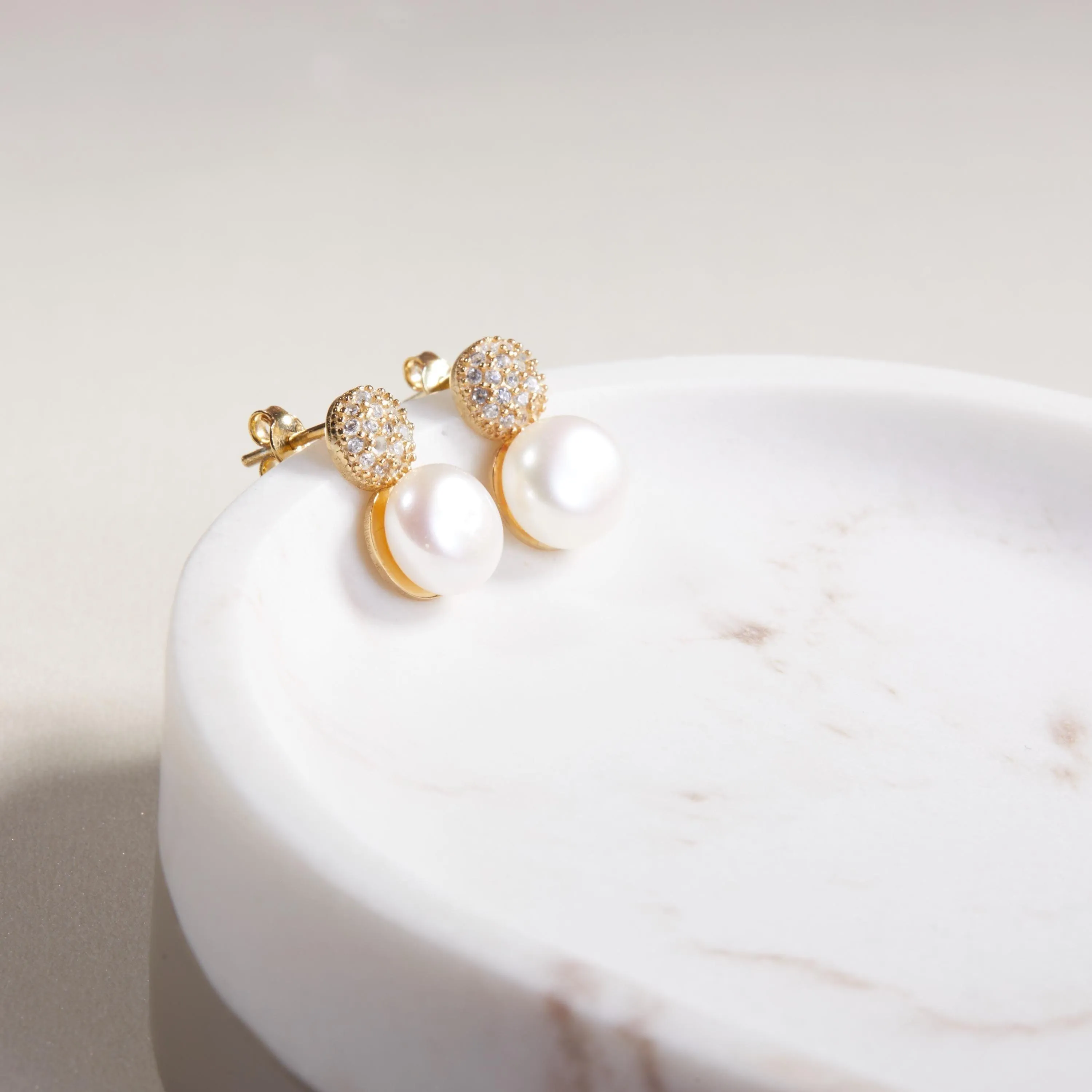 Freshwater Pearl Pave Round Stud Earrings - 18K Gold Vermeil