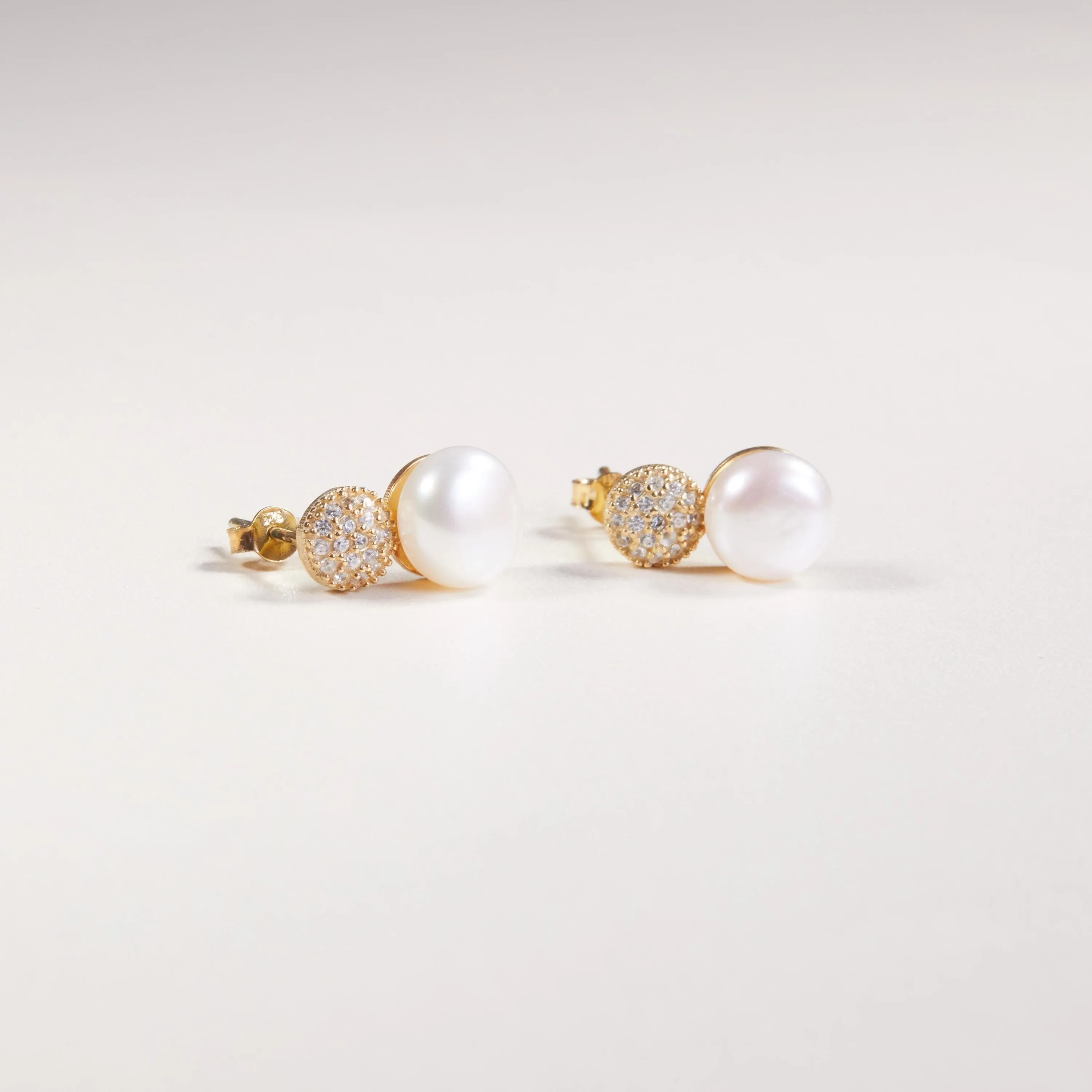Freshwater Pearl Pave Round Stud Earrings - 18K Gold Vermeil