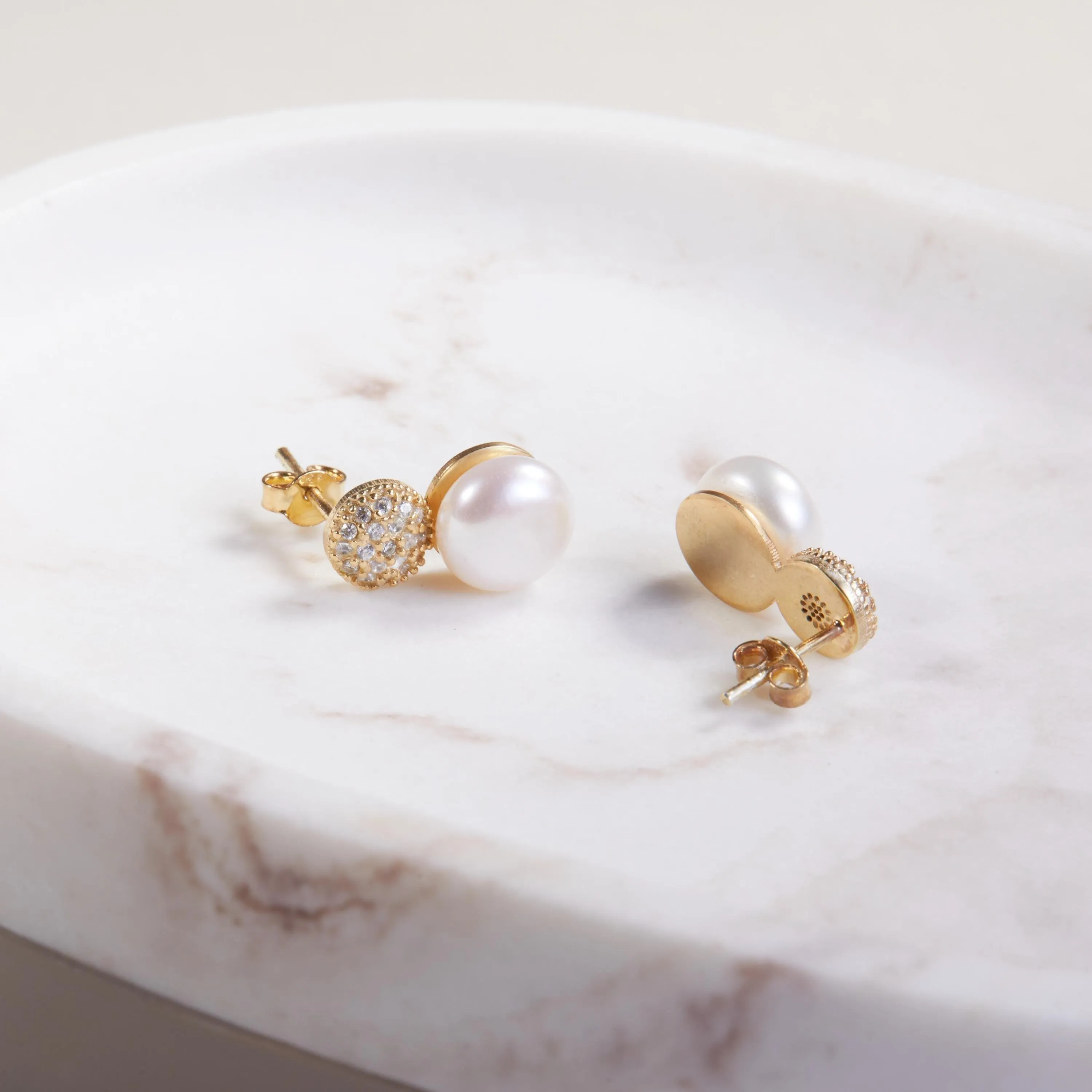 Freshwater Pearl Pave Round Stud Earrings - 18K Gold Vermeil