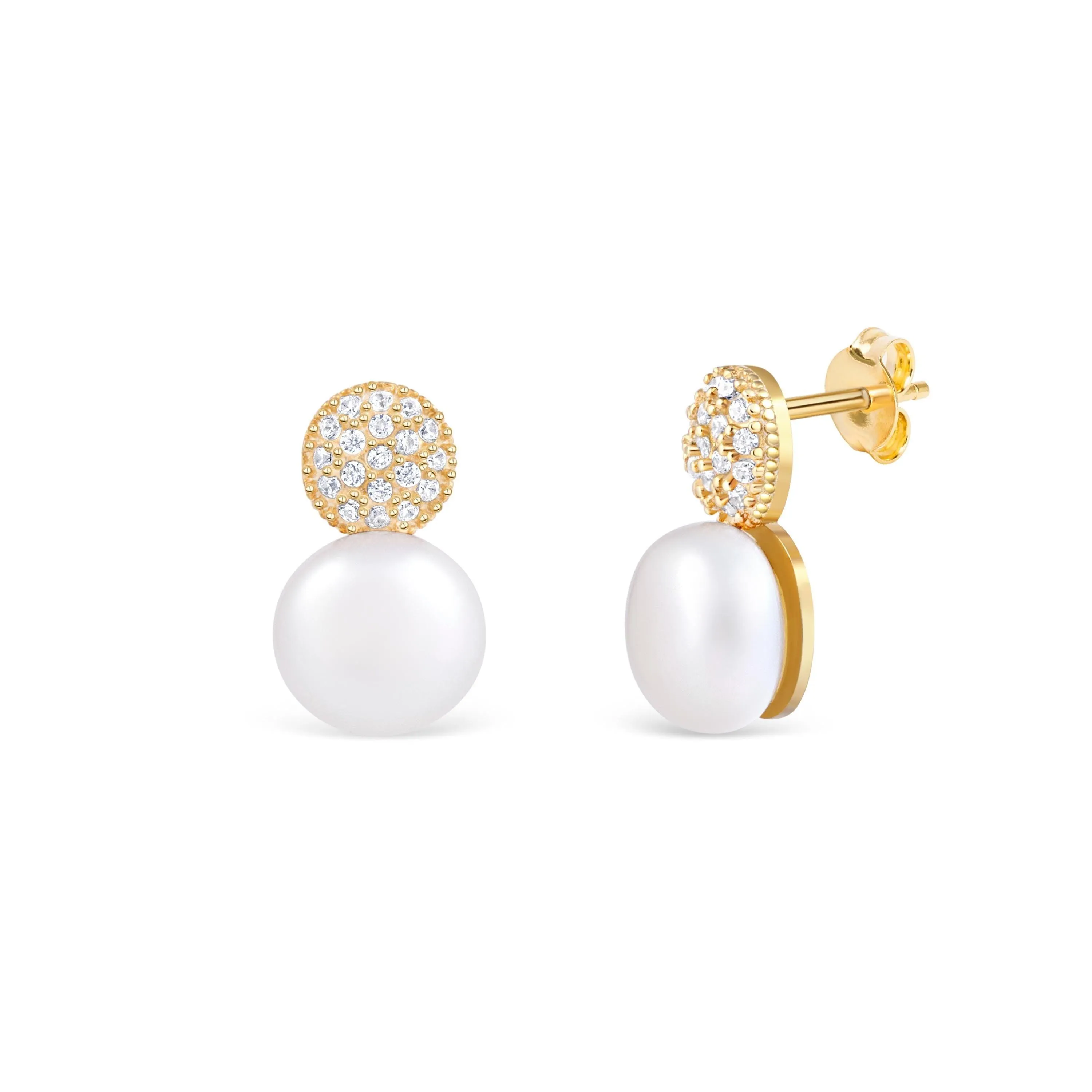 Freshwater Pearl Pave Round Stud Earrings - 18K Gold Vermeil