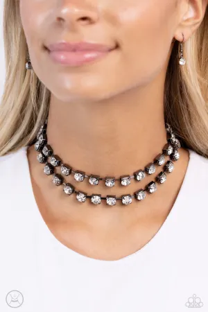 Glistening Gallery - Black - Oversized White Rhinestone Tiered Gunmetal Paparazzi Choker Necklace