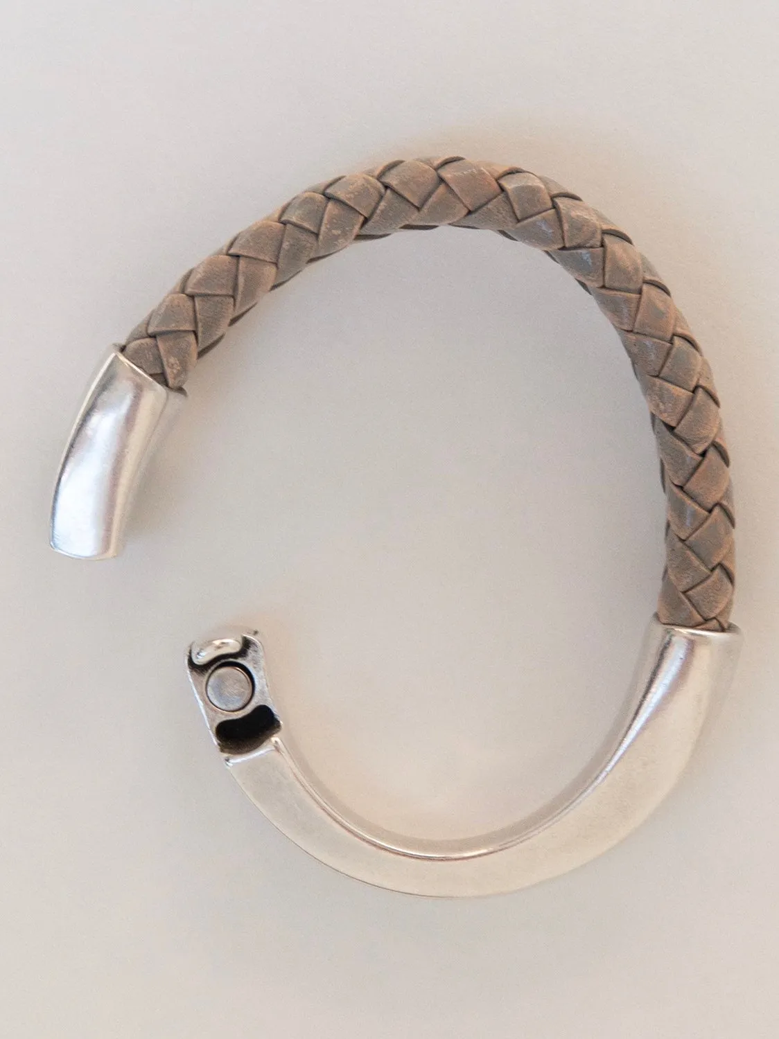 Gray Thick Braided Leather Cuff Bracelet for Women with Silver Half Cuff Magnetic Clasp