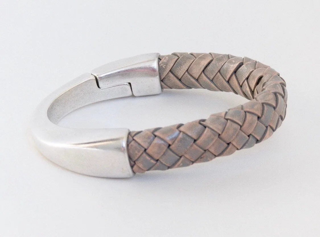 Gray Thick Braided Leather Cuff Bracelet for Women with Silver Half Cuff Magnetic Clasp