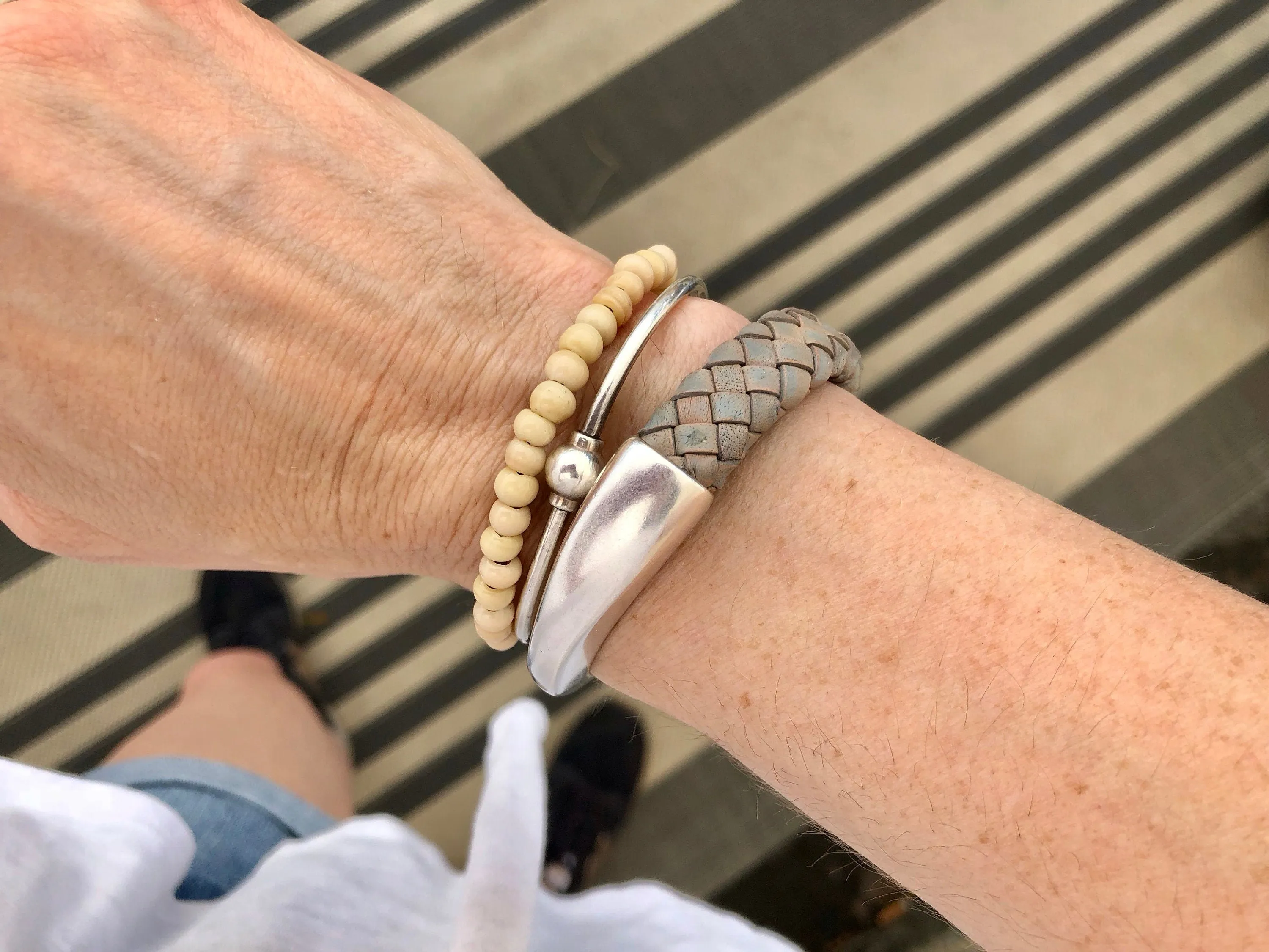 Gray Thick Braided Leather Cuff Bracelet for Women with Silver Half Cuff Magnetic Clasp