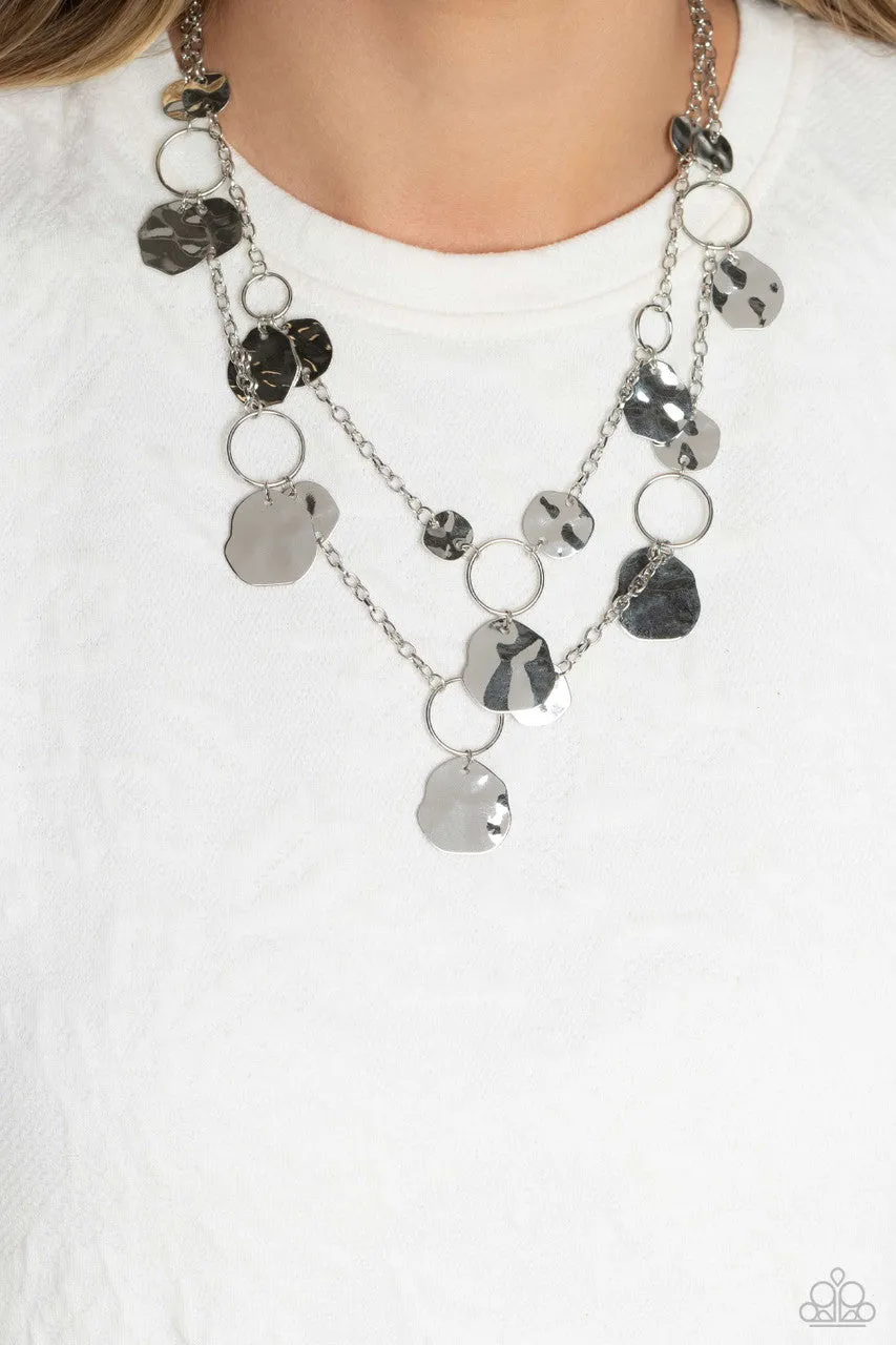 Hammered Horizons - Silver - Asymmetrical Disc Tiered Paparazzi Short Necklace