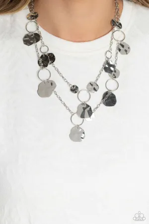 Hammered Horizons - Silver - Asymmetrical Disc Tiered Paparazzi Short Necklace