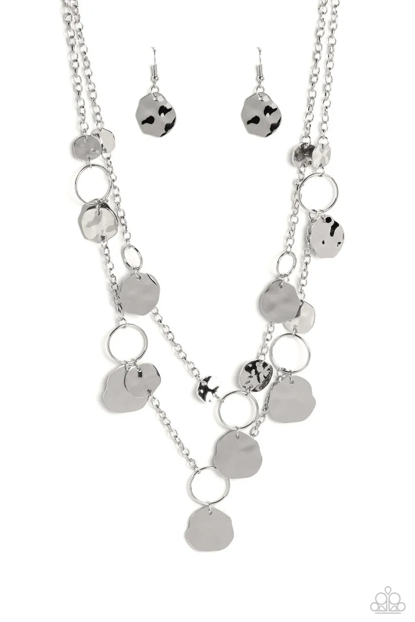 Hammered Horizons - Silver - Asymmetrical Disc Tiered Paparazzi Short Necklace