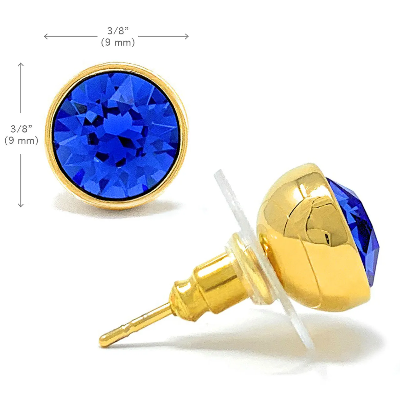 Harley Stud Earrings with Blue Sapphire Round Crystals from Swarovski Gold Plated