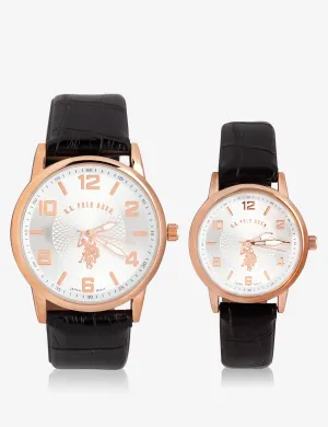 HIS & HERS ROSE GOLD FAUX CROC STRAP WATCH SET