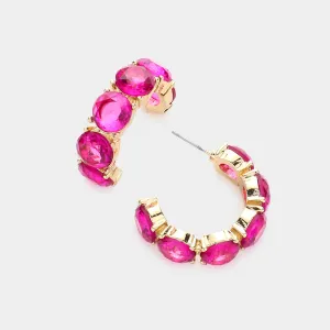Hot Pink Round Stone Half Hoop Pageant Earrings | Fuchsia Interview Earrings |  584138
