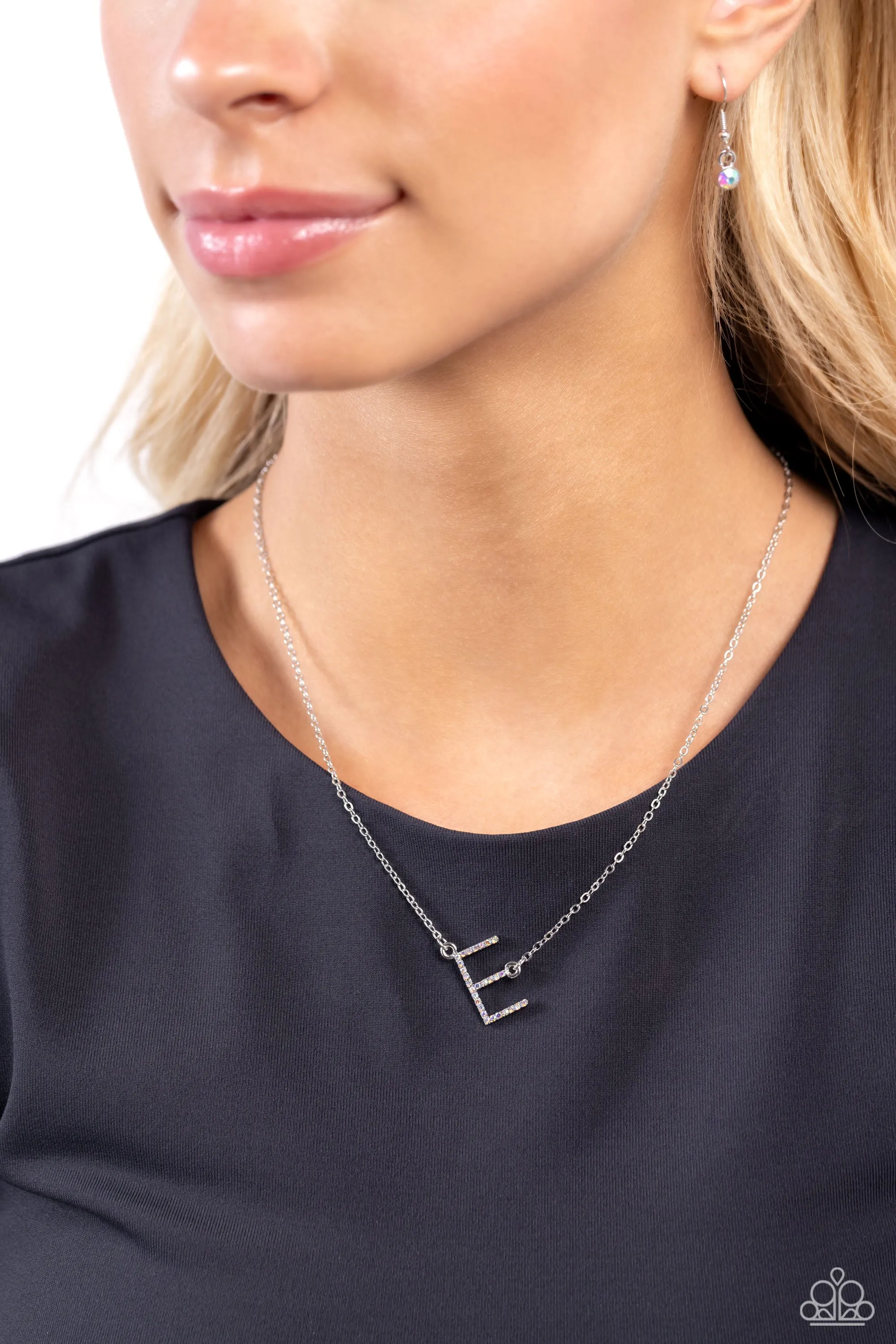 INITIALLY Yours - E - Multi Iridescent Rhinestone Letter Paparazzi Short Necklace
