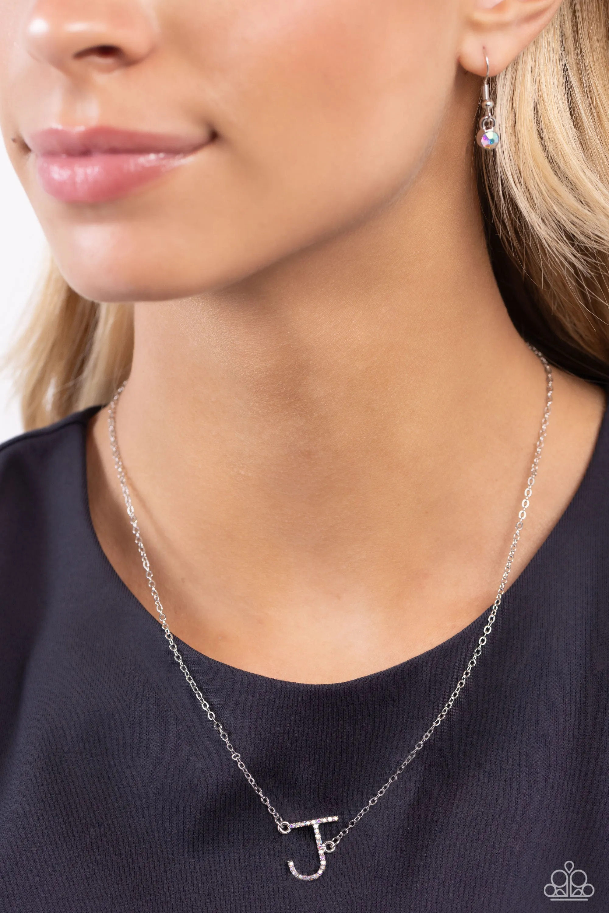 INITIALLY Yours - J - Multi Iridescent Rhinestone Letter Paparazzi Short Necklace