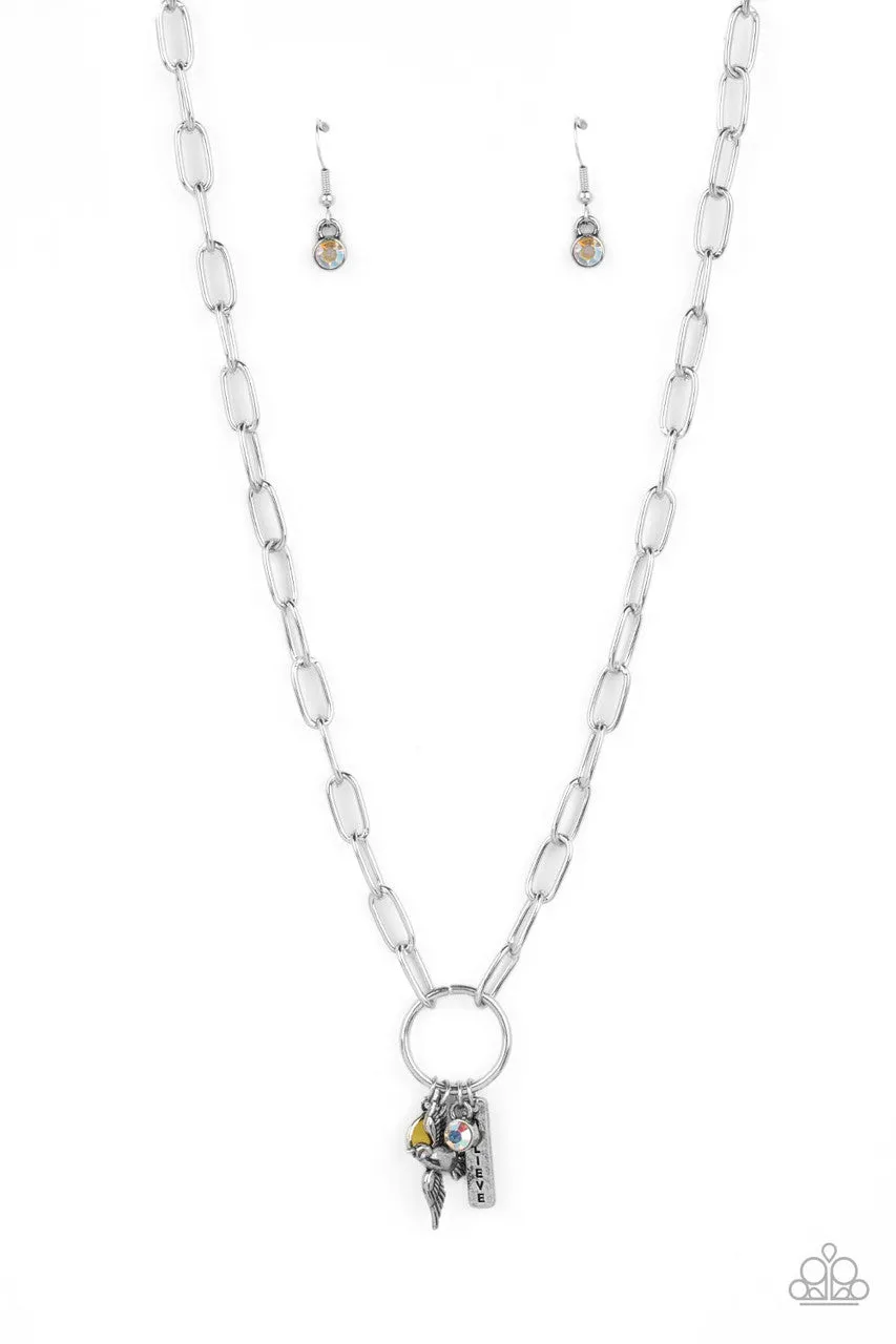 Inspired Songbird - Yellow - Iridescent Rhinestone "Believe" Inspirational Paparazzi Short Necklace