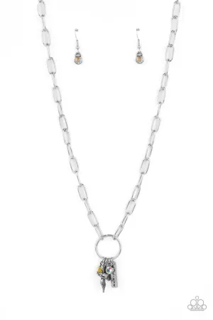 Inspired Songbird - Yellow - Iridescent Rhinestone "Believe" Inspirational Paparazzi Short Necklace