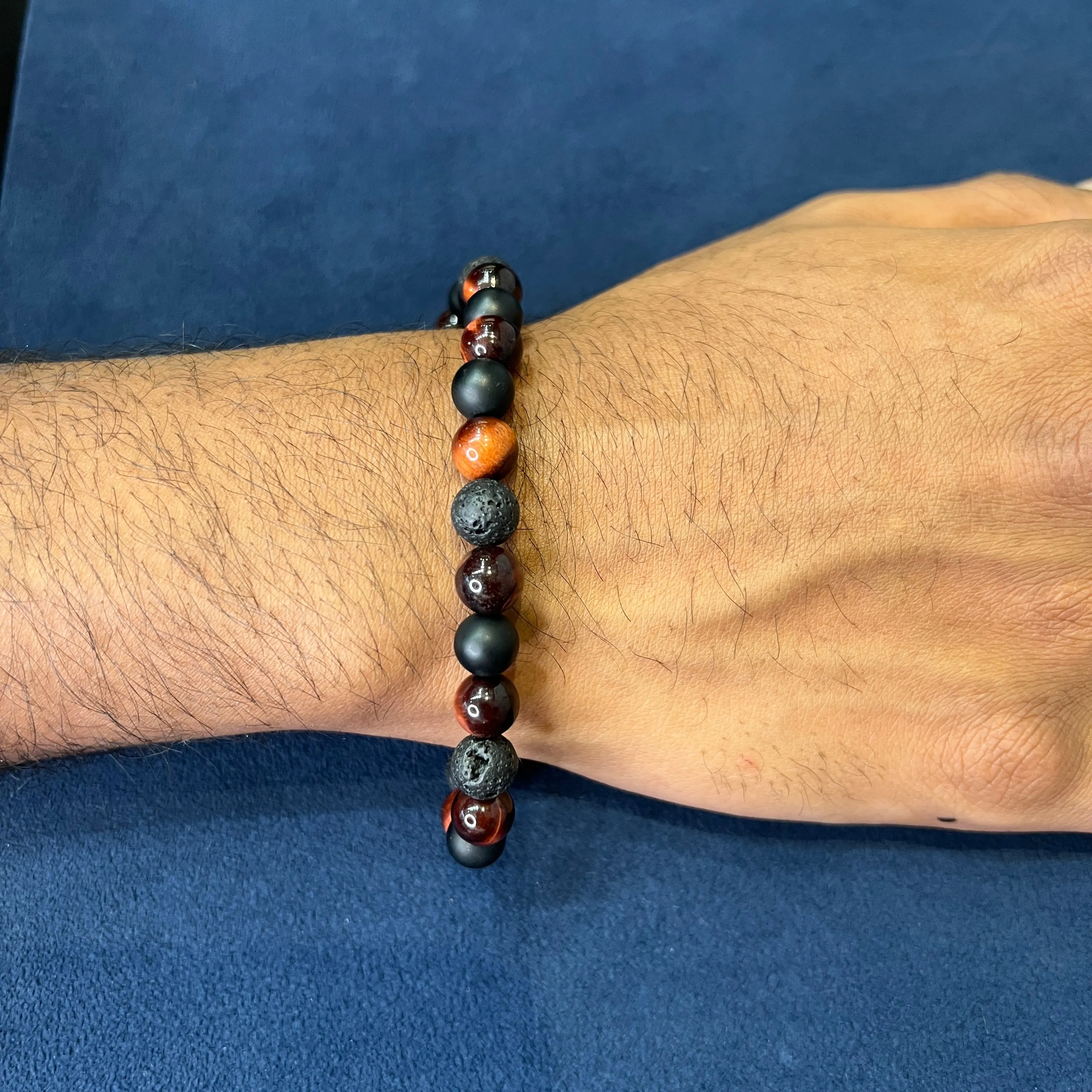 Italgem Red Tiger's Eye, Matte Black Onyx and Black Lava (8mm) Beaded Stretch Bracelet