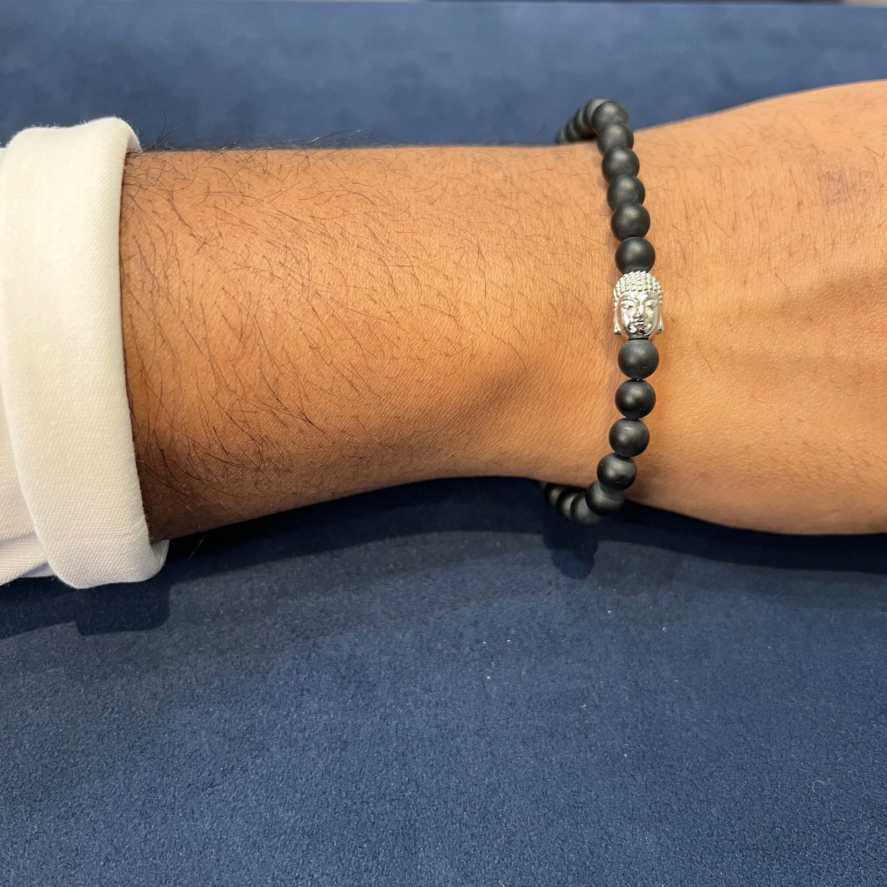 Italgem Stainless Steel Buddha with Matte Black Onyx Beaded Stretch Bracelet