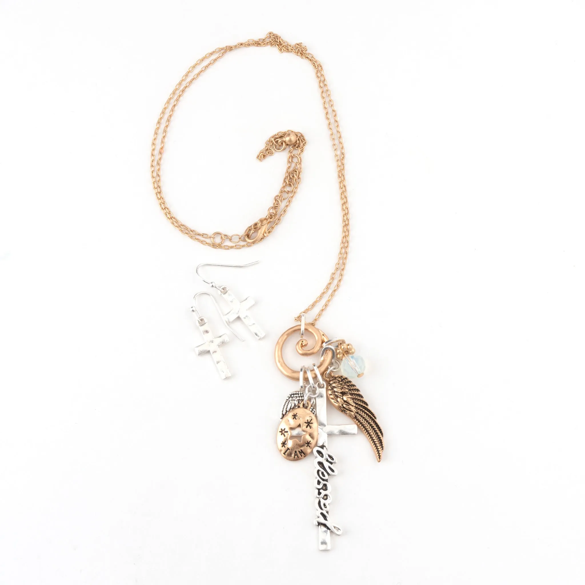 Julia Blessed Cross Charm Pendant Necklace & Earring Set