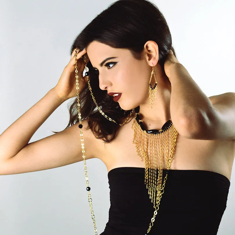 Karen London Unique Gold Plated Chain Black Onyx Fringe Necklace