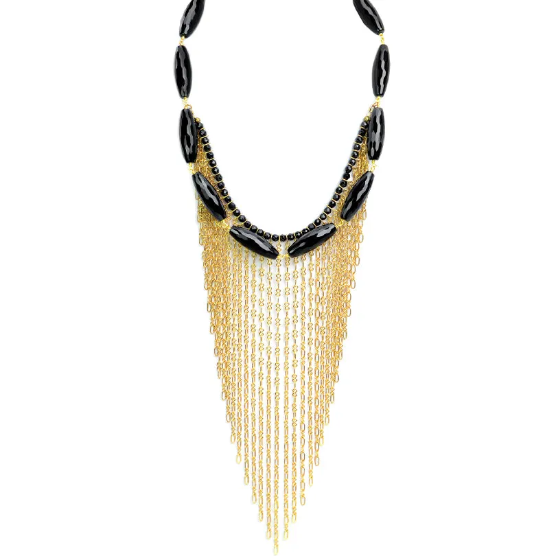 Karen London Unique Gold Plated Chain Black Onyx Fringe Necklace
