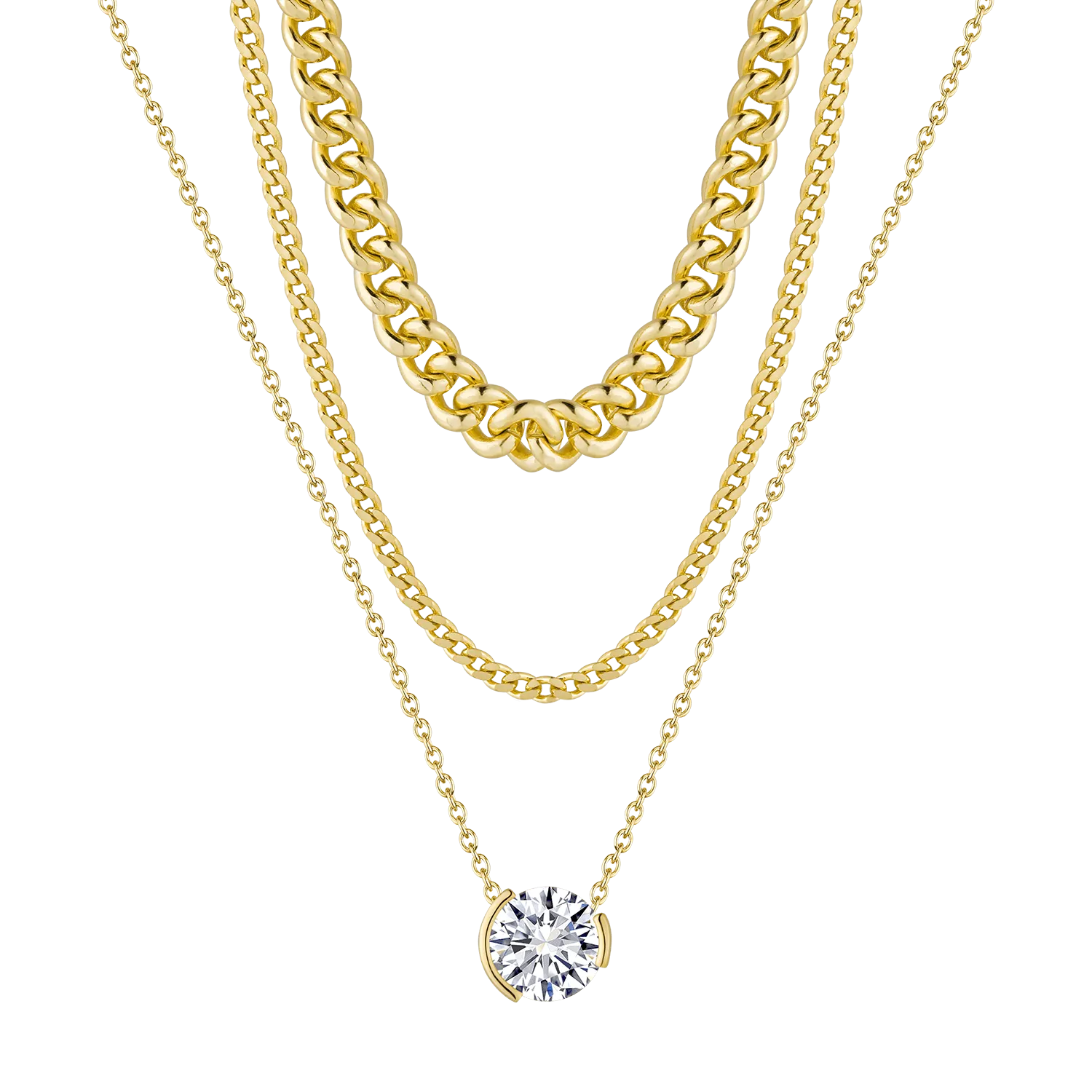 Layered Clavicle Chain Solitaire Necklace