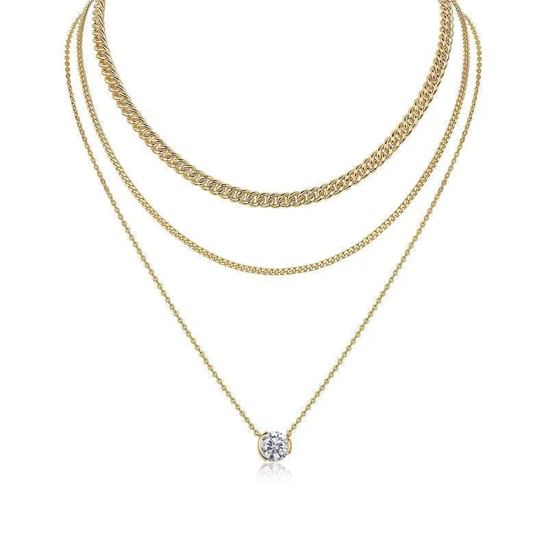 Layered Clavicle Chain Solitaire Necklace