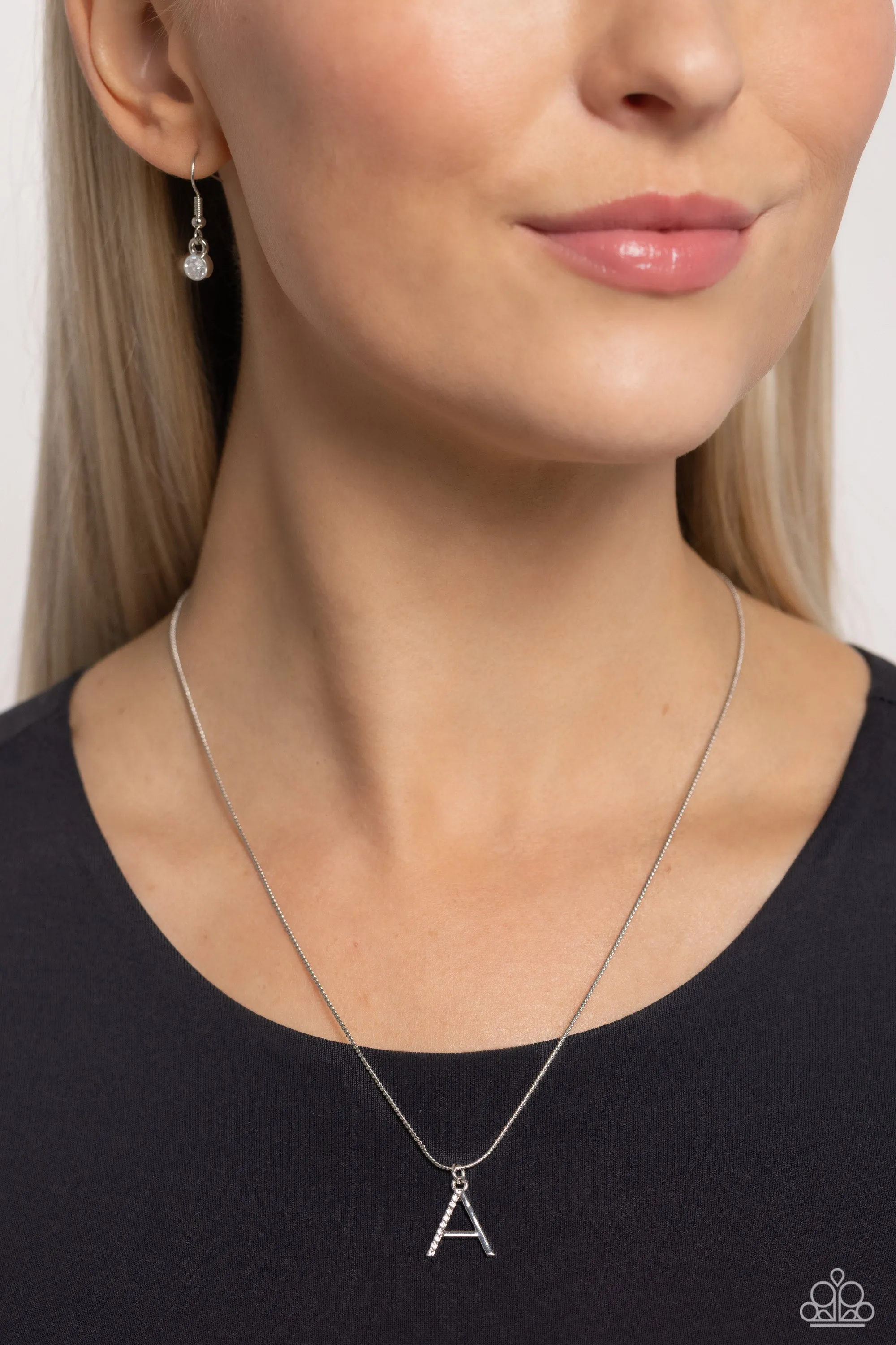 Letter of the Law - A - White Rhinestone Silver Initial Paparazzi Short Necklace