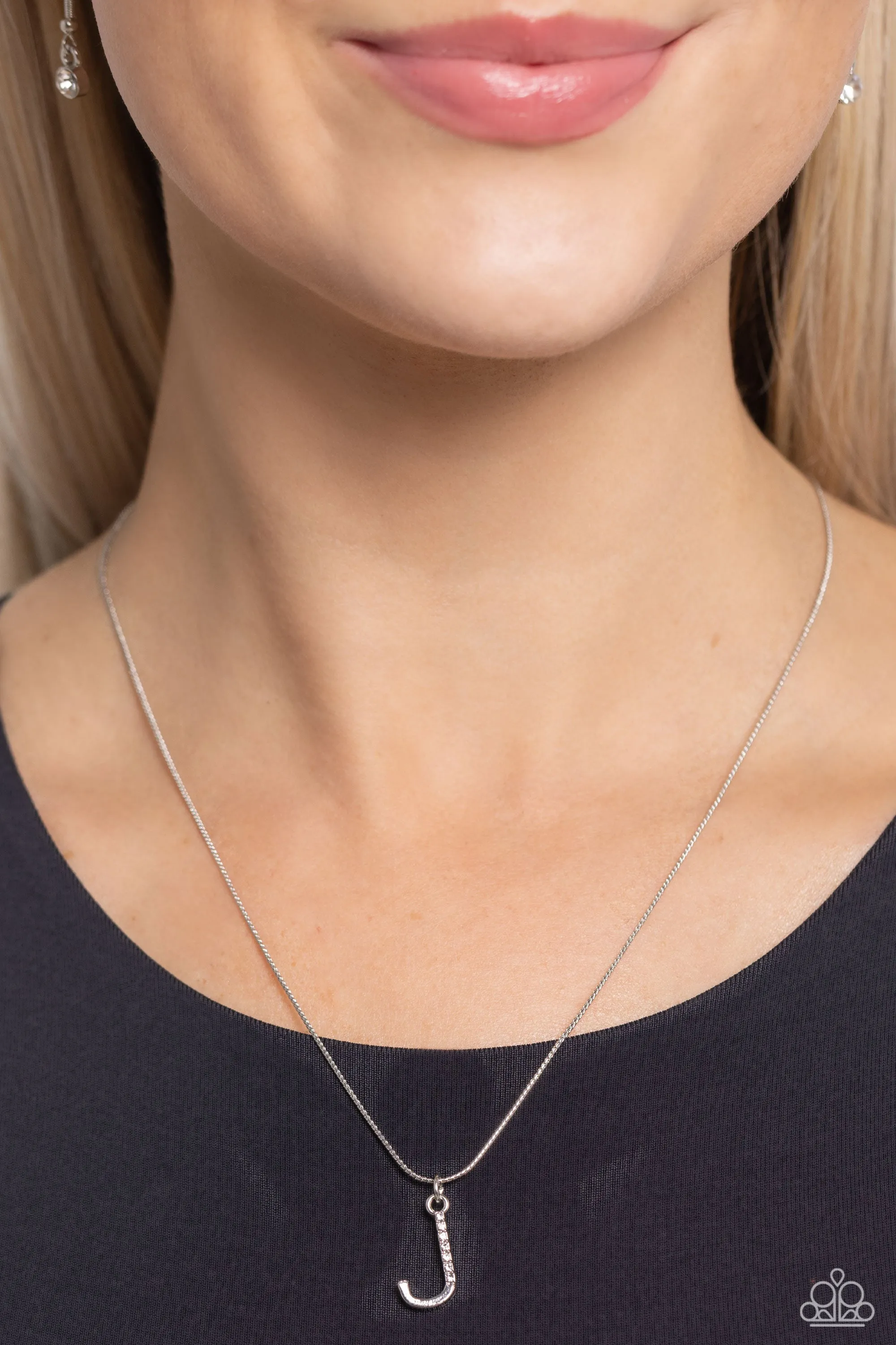 Letter of the Law - J - White Rhinestone Silver Initial Paparazzi Short Necklace