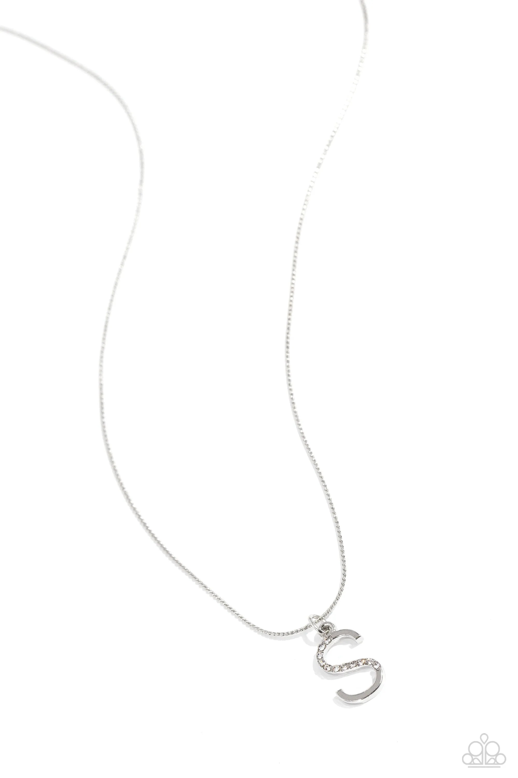 Letter of the Law - S - White Rhinestone Silver Initial Paparazzi Short Necklace