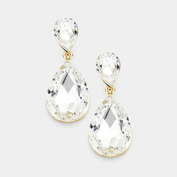 Little Girls Double Crystal Teardrop Evening Earrings on Gold | 389497