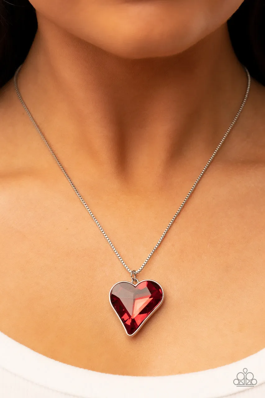Lockdown My Heart - Red - Asymmetrical Heart Gem Paparazzi Necklace