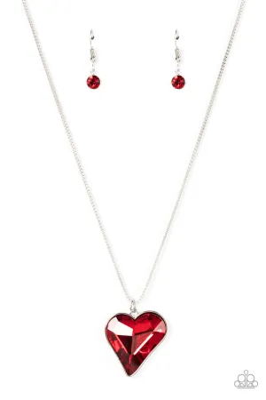 Lockdown My Heart - Red - Asymmetrical Heart Gem Paparazzi Necklace