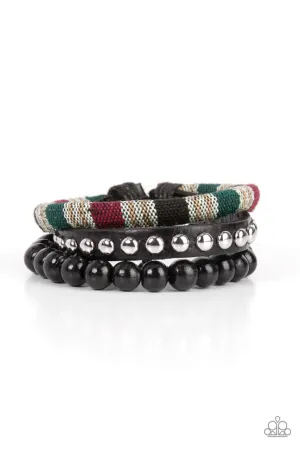 Loom Zoom - Black - Black Leather Wooden Bead Textile Paparazzi Pull-Cord Bracelet