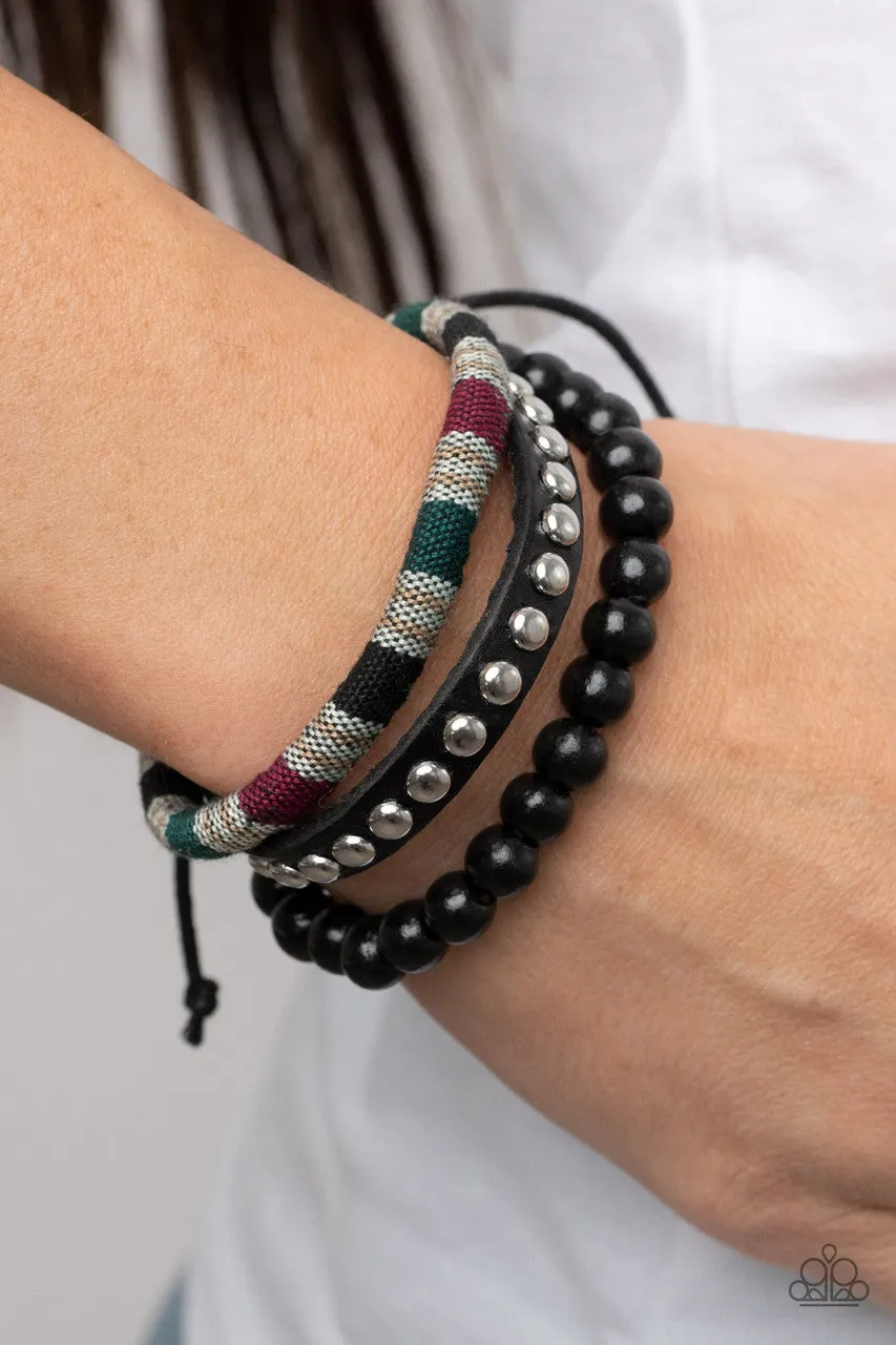 Loom Zoom - Black - Black Leather Wooden Bead Textile Paparazzi Pull-Cord Bracelet