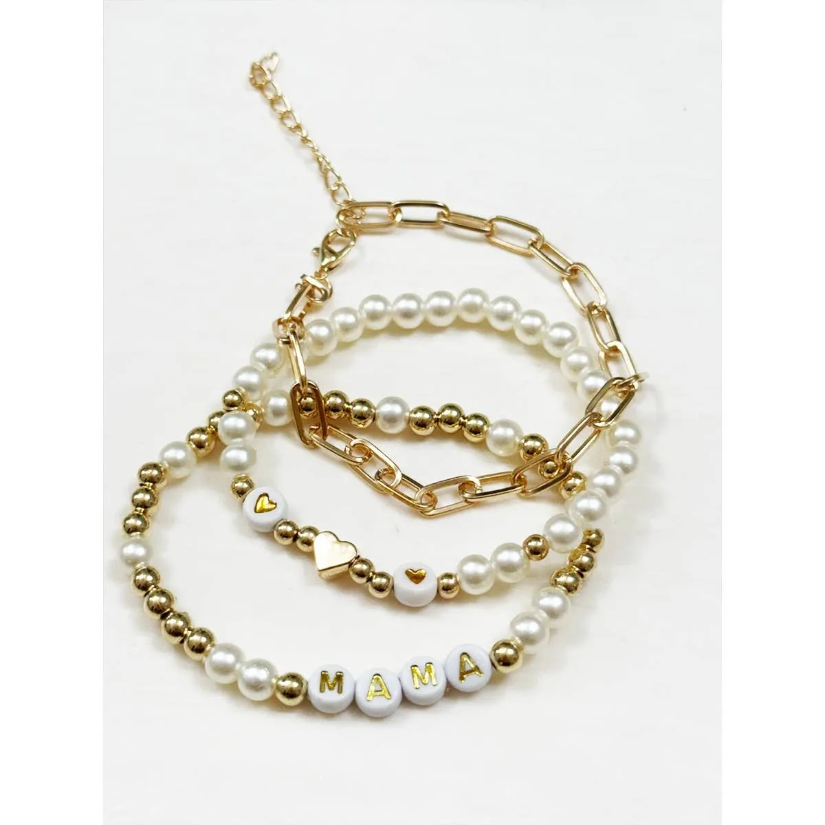Mama Faux Pearl Gold Bracelet Set