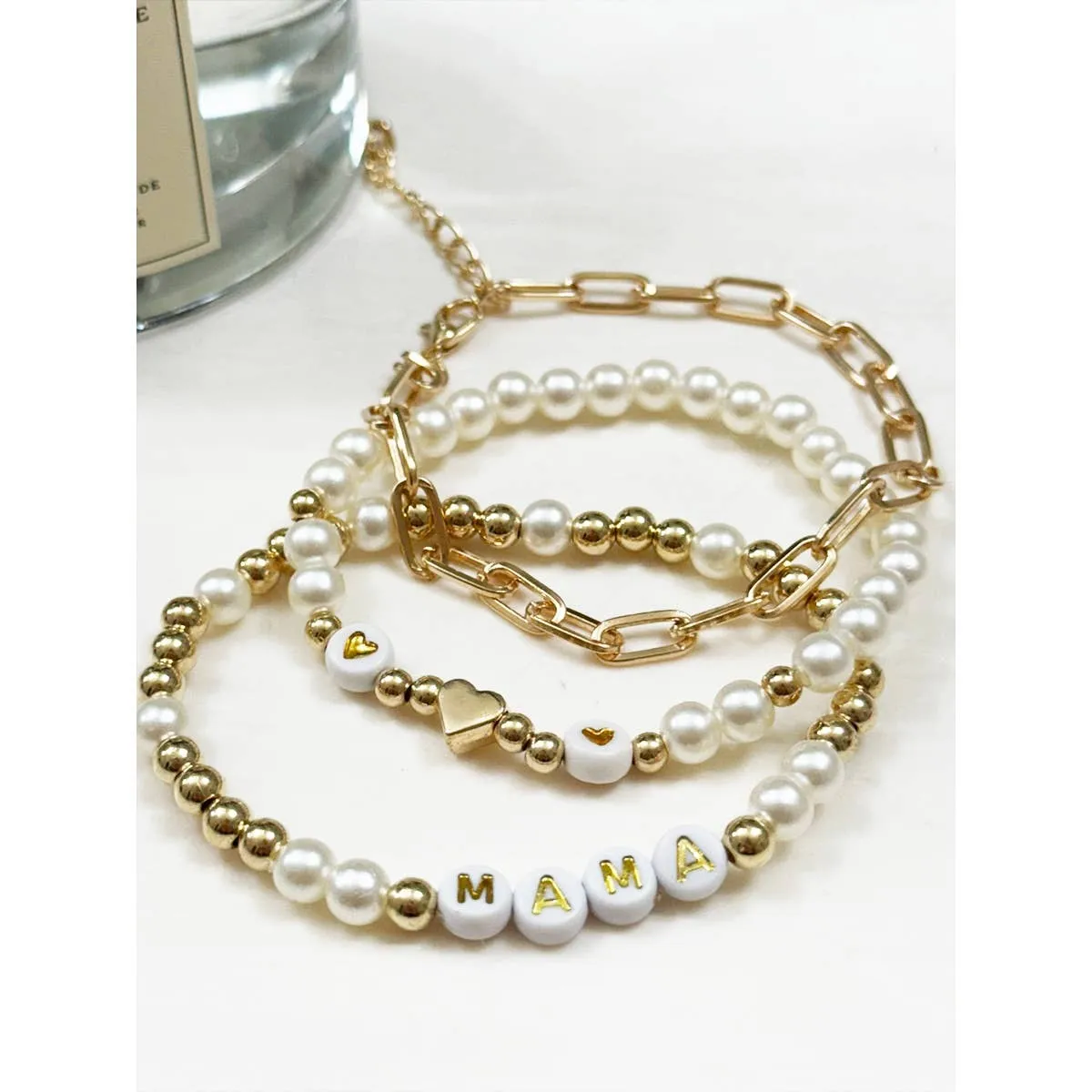 Mama Faux Pearl Gold Bracelet Set