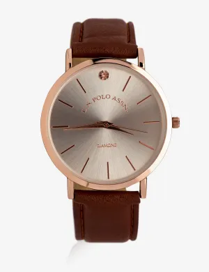 MEN'S BROWN FAUX LEATHER WATCH WITH ROSE GOLD TONE