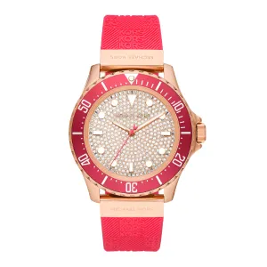Michael Kors Everest Red Silicone Strap Pave, Rose Gold Dial Quartz Watch for Ladies - MK-7359