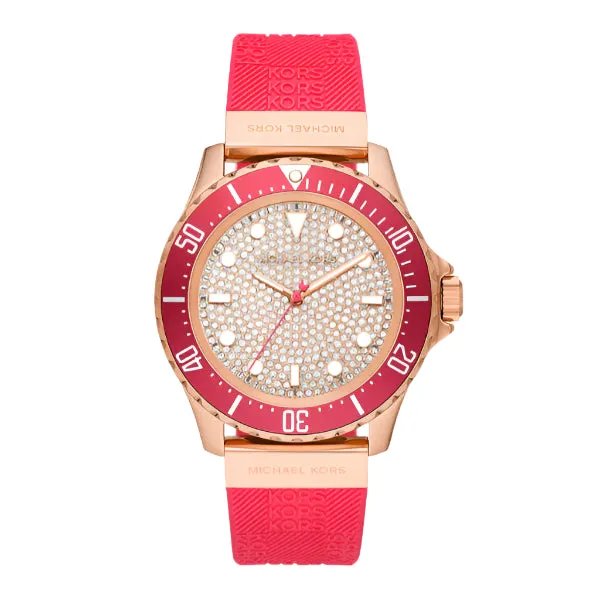 Michael Kors Everest Red Silicone Strap Pave, Rose Gold Dial Quartz Watch for Ladies - MK-7359