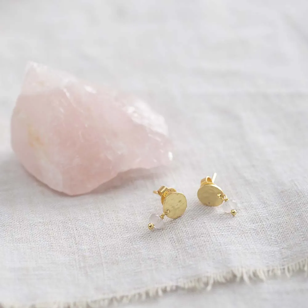 Mini Coin Rose Quartz Gold Plated Earrings