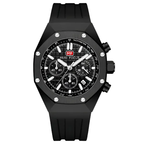 Mini Focus Black Silicone Strap Strap Black Dial Chronograph Quartz Watch for Gents - MF0417G-04