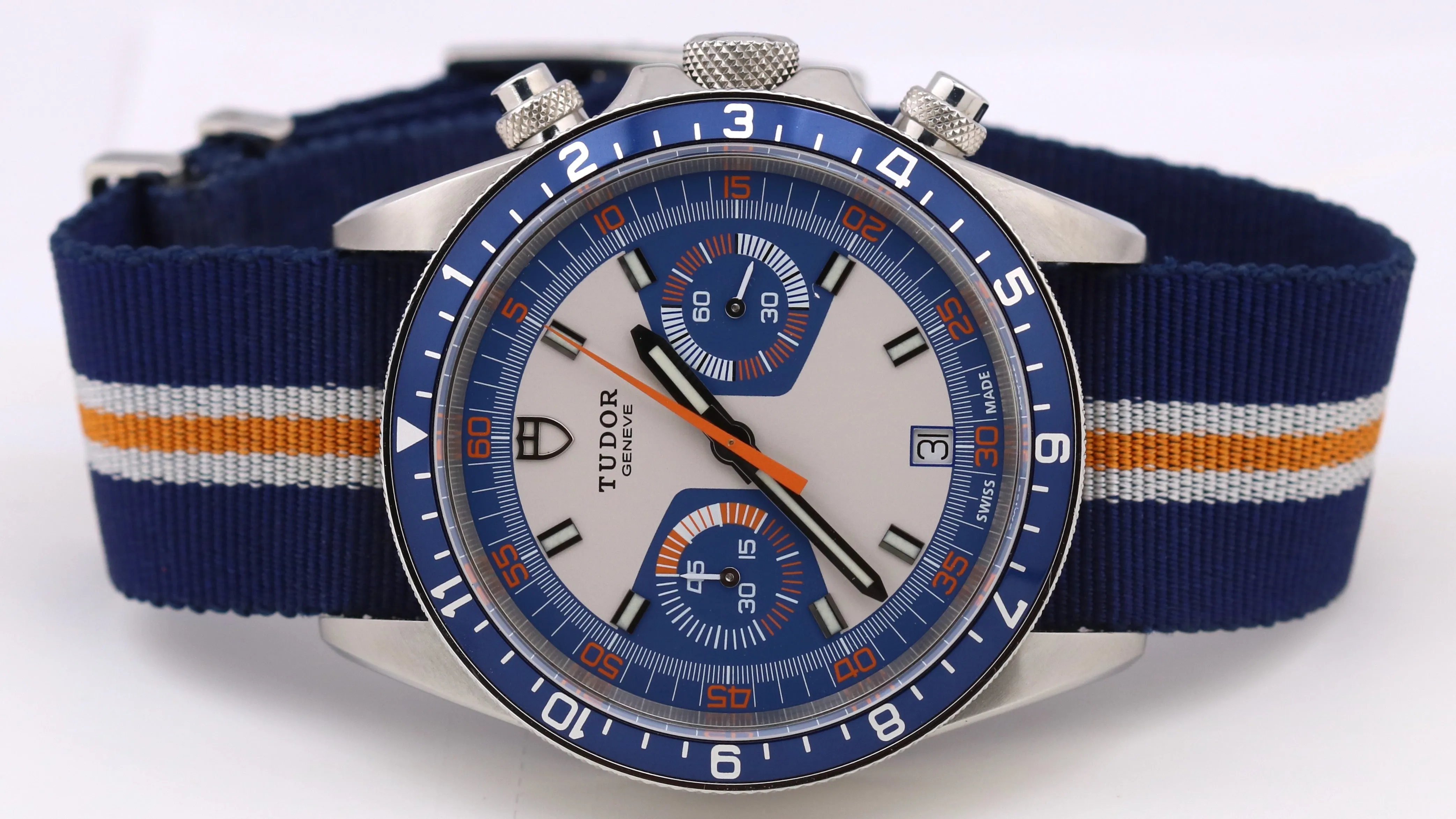 MINT Tudor Heritage Chronograph Blue Orange White Stainless Steel Watch 70330B