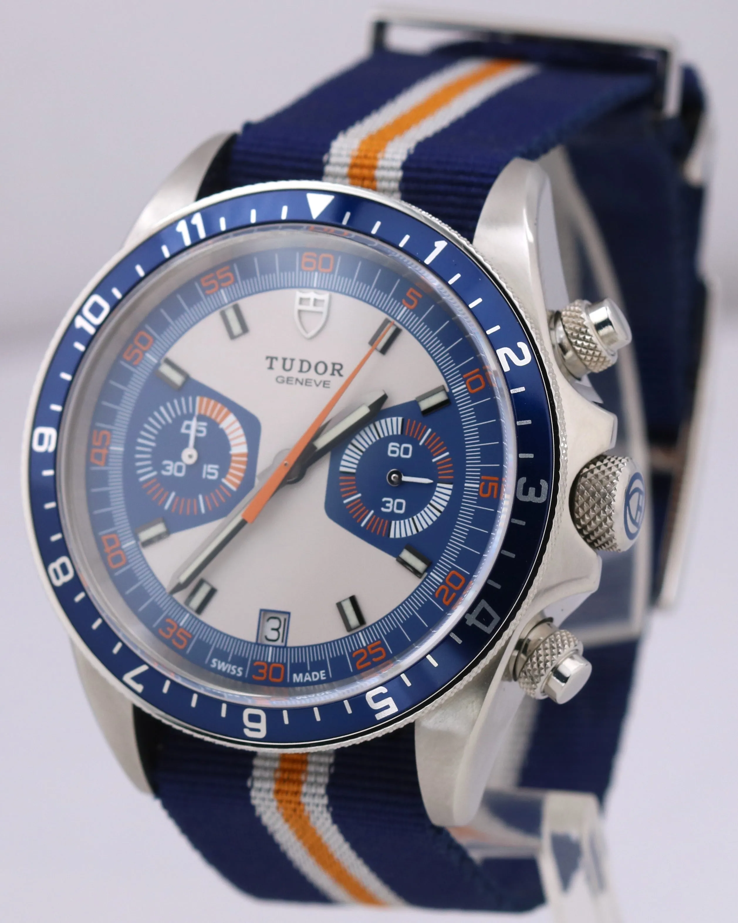 MINT Tudor Heritage Chronograph Blue Orange White Stainless Steel Watch 70330B