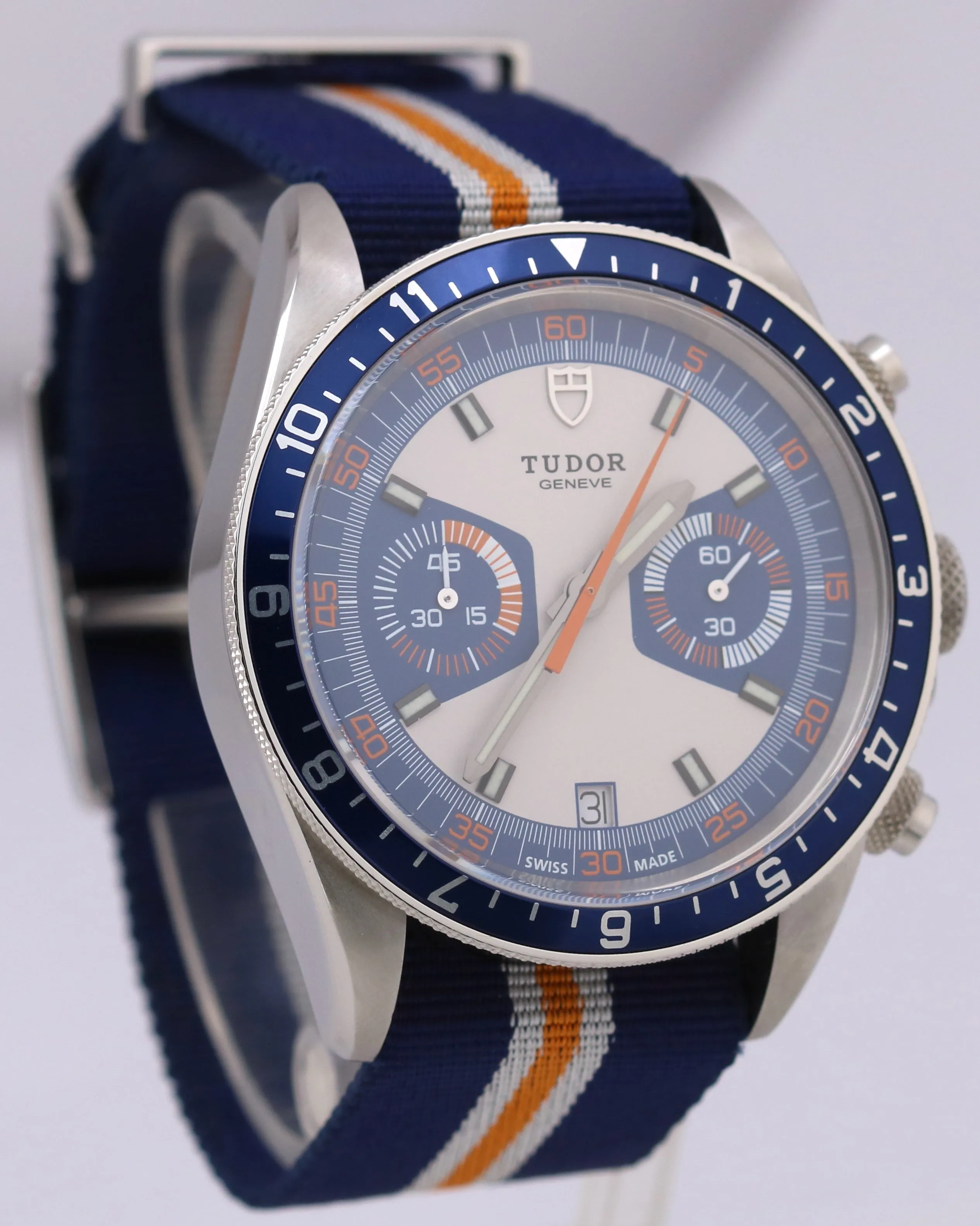 MINT Tudor Heritage Chronograph Blue Orange White Stainless Steel Watch 70330B